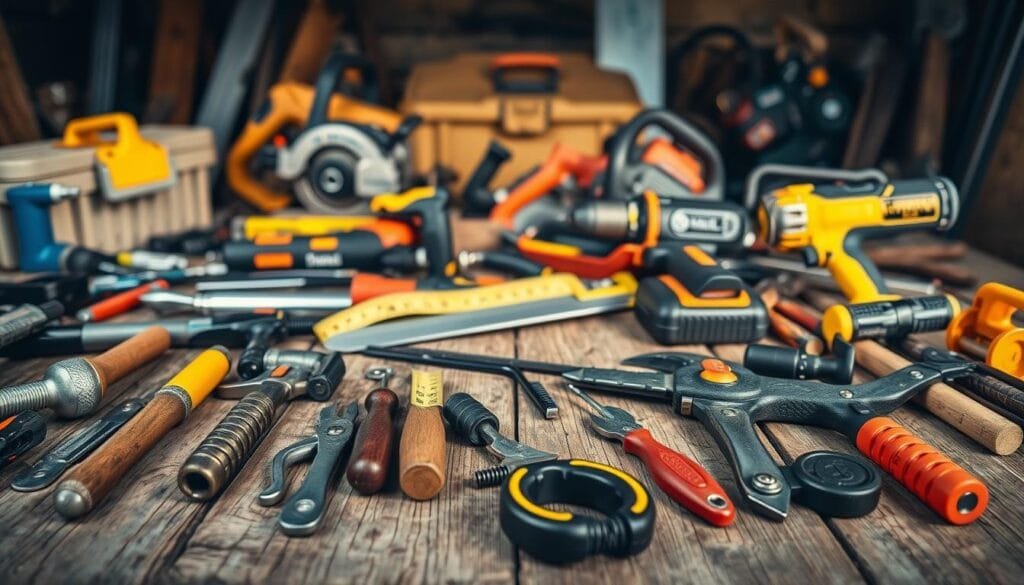 A detailed still life composition showcasing an assortment of essential building tools laid out on a rustic wooden workbench. In the foreground, a variety of hand tools such as a hammer, screwdriver, pliers, and a tape measure are neatly arranged. The middle ground features power tools including a cordless drill, circular saw, and a utility knife. In the background, a selection of larger equipment like a chainsaw, level, and a toolbox create a sense of depth. The scene is illuminated by warm, natural lighting, casting soft shadows and highlighting the textures of the worn wooden surface and metal tools. The overall mood is one of functionality, practicality, and readiness for off-grid construction and maintenance tasks.