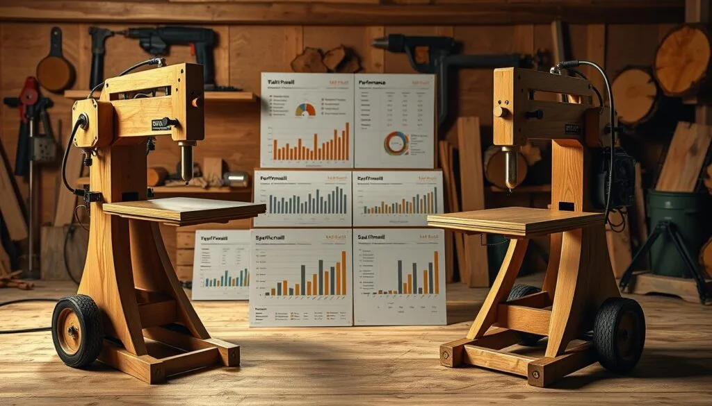 A detailed, technical comparison of portable sawmill specifications, showcasing various models side-by-side. The foreground features finely crafted sawmills in natural wood tones, their components and dimensions meticulously rendered. The middle ground displays performance charts, specs, and diagrams in a sleek, informative layout. The background is a soft, warm-toned workspace, with tools and timber samples hinting at the rugged functionality of these portable mills. Dramatic studio lighting casts deep shadows, emphasizing the sturdy construction and precision engineering. The overall mood is one of professional analysis, guiding the viewer through the key features and capabilities of the best portable sawmills for cabin building. A detailed, technical comparison of portable sawmill specifications, showcasing various models side-by-side. The foreground features finely crafted sawmills in natural wood tones, their components and dimensions meticulously rendered. The middle ground displays performance charts, specs, and diagrams in a sleek, informative layout. The background is a soft, warm-toned workspace, with tools and timber samples hinting at the rugged functionality of these portable mills. Dramatic studio lighting casts deep shadows, emphasizing the sturdy construction and precision engineering. The overall mood is one of professional analysis, guiding the viewer through the key features and capabilities of the best portable sawmills for cabin building.