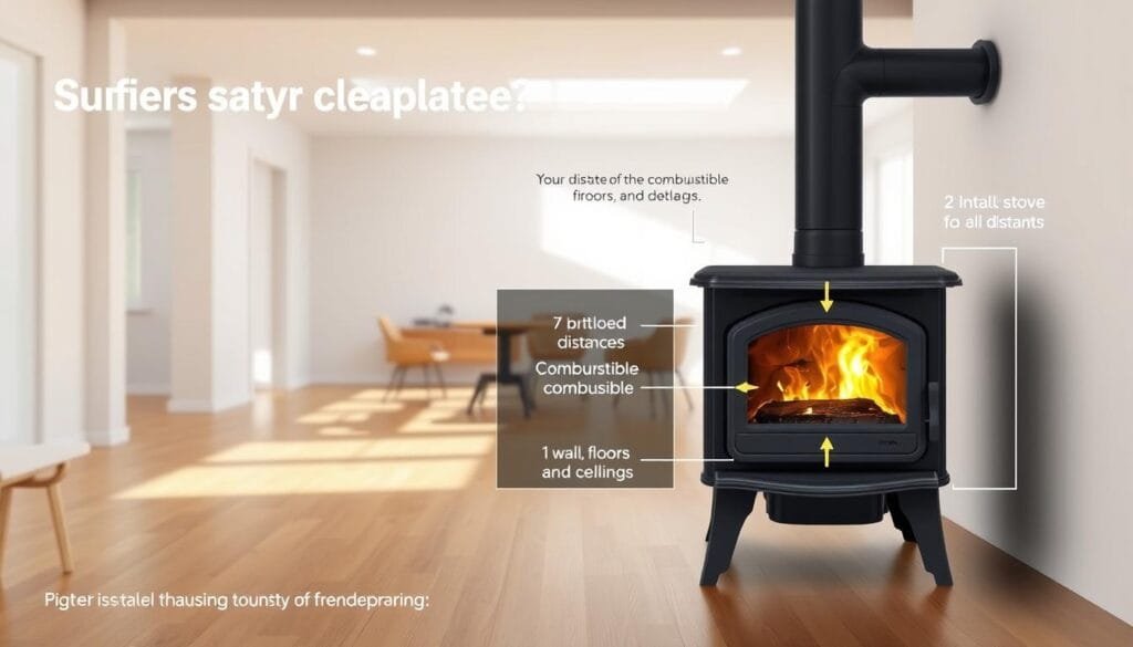 A detailed technical diagram depicting the safety clearance requirements for a wood stove installation. The foreground shows a cross-section of a wood stove with annotated dimensions, highlighting the recommended distances from combustible surfaces such as walls, floors, and ceilings. The middle ground features a well-lit, minimalist interior with a hardwood floor and neutral color palette, showcasing the stove's placement within a room. The background is a soft, out-of-focus architectural rendering, providing context for the overall space. The lighting is natural and evenly distributed, creating a warm and inviting atmosphere. The overall composition emphasizes the importance of following safety guidelines for proper wood stove installation.