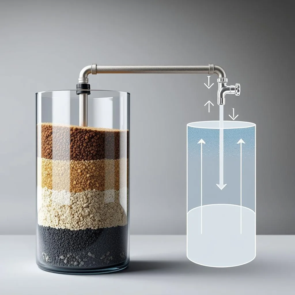 A detailed, technical diagram of a gravity filtration system for off-grid water purification. In the foreground, a transparent cylindrical tank filled with various filtration media like sand, gravel, and activated carbon. In the middle ground, the inlet pipe bringing unfiltered water, and the outlet spigot delivering clean, filtered water. In the background, a schematic illustration of the gravity-driven flow, with arrows indicating the downward movement of water through the different filter layers. Muted, earthy tones convey a rustic, functional aesthetic suitable for an off-grid cabin setting. Crisp, photorealistic rendering with proper lighting and perspective to highlight the system's inner workings and overall design.
