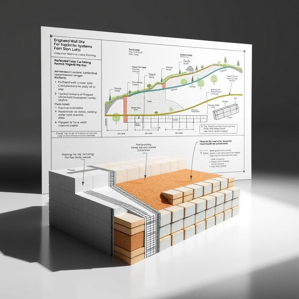 A detailed technical diagram of engineered wall systems for sloped lots, showing the permit requirements and engineering specifications. The foreground depicts a cross-section of the wall structure, highlighting the reinforced concrete foundation, drainage system, and tiered terracing to address the slope. The middle ground showcases the engineered components like geogrid reinforcement, retaining wall blocks, and soil anchors. The background features a blueprint-style layout plan, detailing the required setbacks, slope angles, and landscaping elements. The lighting is clear and precise, emphasizing the technical nature of the design, captured from a slightly elevated perspective to provide a comprehensive view. The overall mood is informative and technical, suitable for illustrating the permitting and engineering aspects of retaining wall construction on sloped cabin sites.