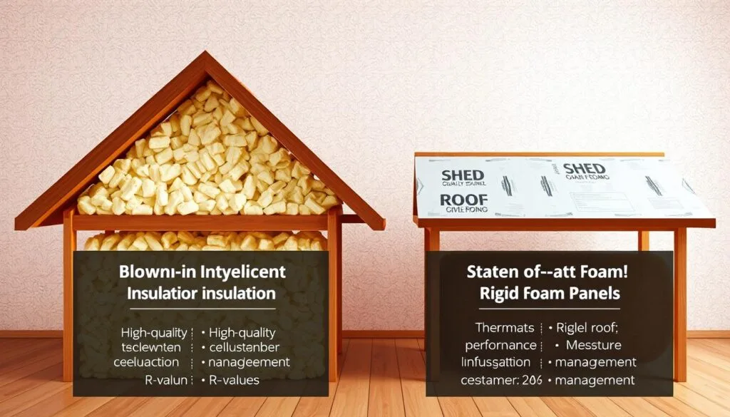 A detailed technical illustration of a gable roof and a shed roof, showcasing their energy-efficient insulation systems. The image is set in a clean, well-lit studio environment with a warm, inviting atmosphere. In the foreground, the gable roof section features high-quality blown-in cellulose insulation, while the shed roof section showcases state-of-the-art rigid foam panels. The middle ground highlights the differences in R-values, thermal performance, and moisture management between the two roofing systems. The background provides a minimalist, textured backdrop to emphasize the technical aspects. The perspective is slightly elevated, offering a clear view of the insulation details. The lighting is balanced, with soft, diffused illumination to bring out the material textures and colors.
