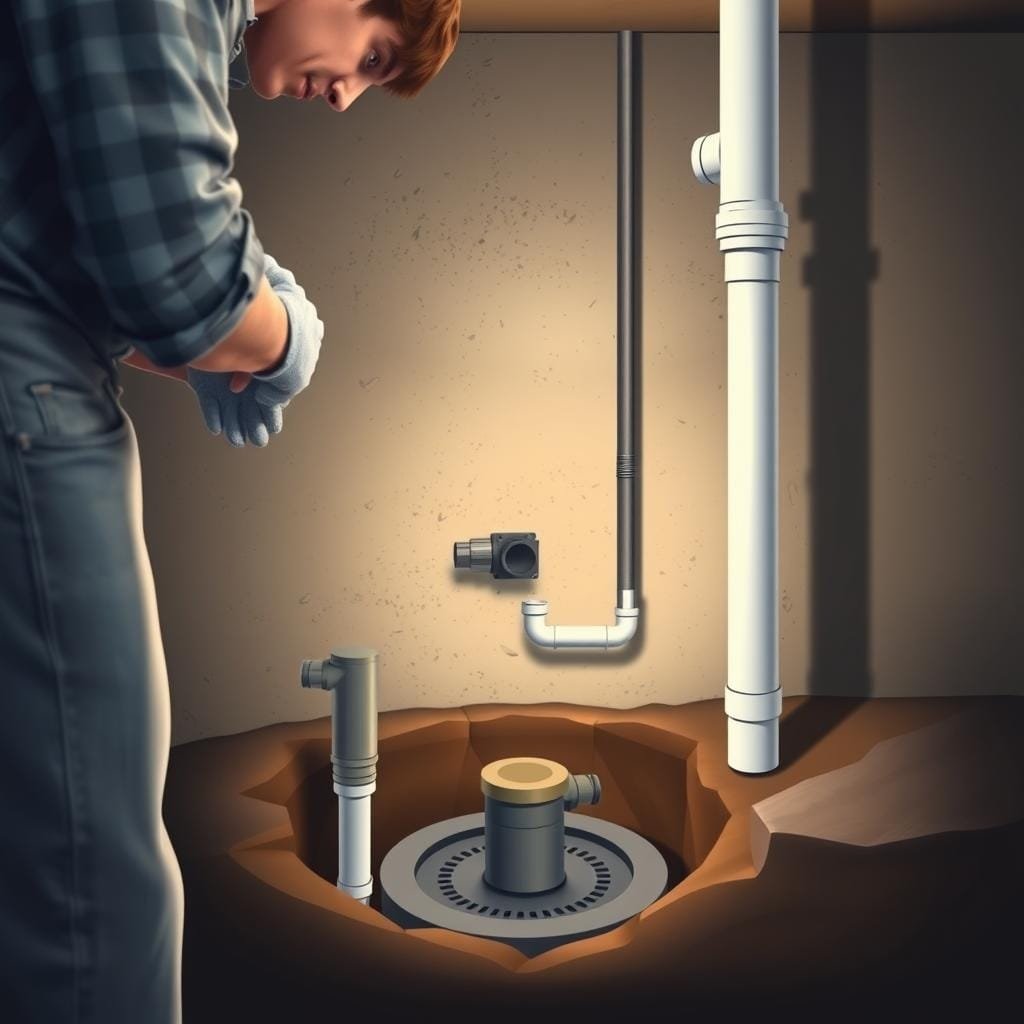 A detailed, technical illustration of a residential sump pump installation process. Foreground depicts a homeowner carefully examining the pump mechanism, pipes, and hoses, wearing protective gloves. Midground shows the full sump pump assembly, with the pump unit, discharge pipe, and drainage basin positioned neatly in a basement corner. Background features a dimly lit, concrete basement interior, with subtle shadows and highlights emphasizing the scene's depth and atmosphere. The lighting is soft and natural, with a calm, focused mood to convey the importance of proper sump pump maintenance for foundation drainage. Realistic, high-quality rendering with attention to technical accuracy and practical home improvement details.