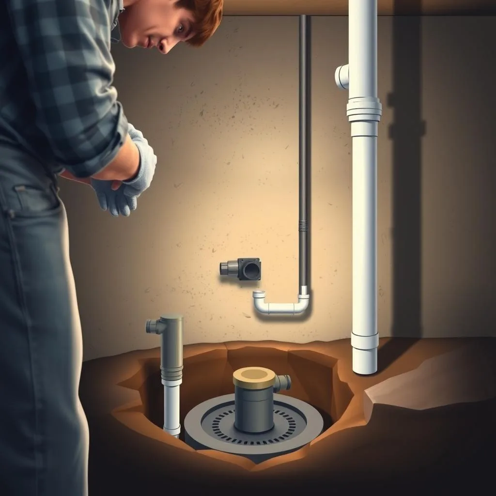 A detailed, technical illustration of a residential sump pump installation process. Foreground depicts a homeowner carefully examining the pump mechanism, pipes, and hoses, wearing protective gloves. Midground shows the full sump pump assembly, with the pump unit, discharge pipe, and drainage basin positioned neatly in a basement corner. Background features a dimly lit, concrete basement interior, with subtle shadows and highlights emphasizing the scene's depth and atmosphere. The lighting is soft and natural, with a calm, focused mood to convey the importance of proper sump pump maintenance for foundation drainage. Realistic, high-quality rendering with attention to technical accuracy and practical home improvement details.
