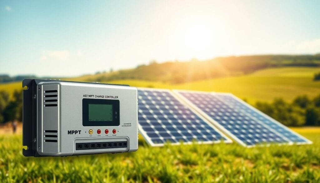 A detailed, technical illustration of an MPPT charge controller with solar panels, set against a crisp, sunny outdoor landscape. The charge controller, with its sleek metal housing and digital display, is prominently featured in the foreground, showcasing its various inputs and outputs. In the middle ground, a pair of high-efficiency solar panels are neatly arranged, their surfaces reflecting the bright sunlight. The background depicts a serene, rolling landscape with lush greenery and a clear, blue sky, creating a sense of natural harmony. The lighting is soft and diffused, accentuating the technical details of the equipment while maintaining an inviting, natural atmosphere. The overall scene conveys the key components and functionality of a solar power system in a visually appealing and informative manner.