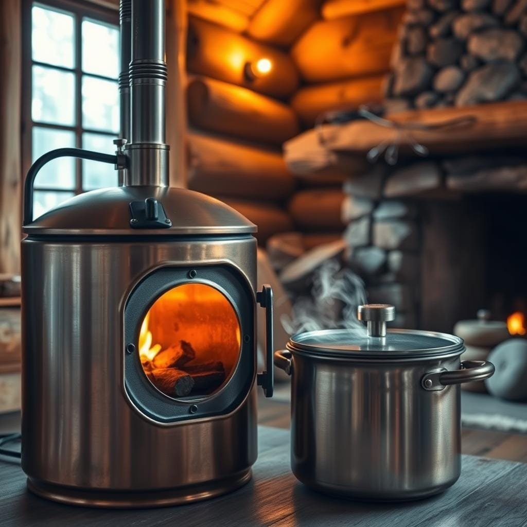 A detailed thermal cooker rocket oven set against a rustic, off-grid cabin backdrop. The oven is a burnished metal construction with a compact, cylindrical silhouette and a hinged door revealing a charcoal fire chamber within. The cooker is an insulated pot nestled snugly beside it, steam rising from its lid. Warm, diffused light filters through a nearby window, casting a cozy glow over the scene. The composition is framed by rough-hewn wooden beams and a stone fireplace, hinting at the cabin's sturdy, self-sufficient design. An air of tranquility and innovative, eco-friendly living pervades the image.