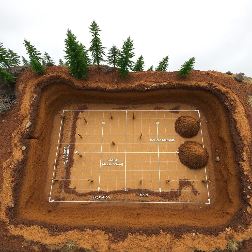 A detailed, top-down view of a well-lit cabin excavation layout, marked with precise measurements, grids, and excavation boundaries. The foreground shows the carefully delineated footprint of the cabin, with stakes and strings outlining the precise dimensions. The middle ground features the excavated soil, with mounds and piles of dirt neatly organized. The background showcases the surrounding natural landscape, with tall evergreen trees and a clear, overcast sky, lending a sense of calm and focus to the scene. The lighting is bright and even, creating a crisp, technical atmosphere suitable for an instructional illustration.
