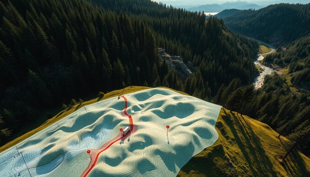A detailed topographic survey map showcasing intricate land contours and elevation changes on a sloped forested site. The foreground depicts a precise grid of survey markers and measurement points across the undulating terrain. The middle ground features a rendered 3D mesh model of the site's contours, colored to clearly delineate the varying slopes and gradients. In the background, a photorealistic landscape unfolds, with dense evergreen trees, rocky outcroppings, and a winding stream cutting through the rugged landscape. The scene is lit by soft, diffused natural lighting, creating long, dramatic shadows that accentuate the topographic details. Captured with a high-resolution aerial perspective, the overall image conveys the critical role of thorough land surveys for building on challenging sloped sites.