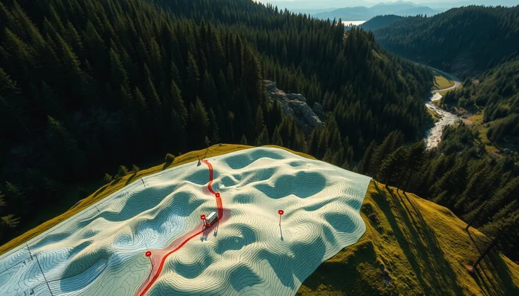 A detailed topographic survey map showcasing intricate land contours and elevation changes on a sloped forested site. The foreground depicts a precise grid of survey markers and measurement points across the undulating terrain. The middle ground features a rendered 3D mesh model of the site's contours, colored to clearly delineate the varying slopes and gradients. In the background, a photorealistic landscape unfolds, with dense evergreen trees, rocky outcroppings, and a winding stream cutting through the rugged landscape. The scene is lit by soft, diffused natural lighting, creating long, dramatic shadows that accentuate the topographic details. Captured with a high-resolution aerial perspective, the overall image conveys the critical role of thorough land surveys for building on challenging sloped sites. A detailed topographic survey map showcasing intricate land contours and elevation changes on a sloped forested site. The foreground depicts a precise grid of survey markers and measurement points across the undulating terrain. The middle ground features a rendered 3D mesh model of the site's contours, colored to clearly delineate the varying slopes and gradients. In the background, a photorealistic landscape unfolds, with dense evergreen trees, rocky outcroppings, and a winding stream cutting through the rugged landscape. The scene is lit by soft, diffused natural lighting, creating long, dramatic shadows that accentuate the topographic details. Captured with a high-resolution aerial perspective, the overall image conveys the critical role of thorough land surveys for building on challenging sloped sites.