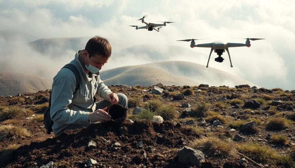 A detailed topographic survey of a rugged, off-grid cabin site, showcasing the assessment of groundwater availability. In the foreground, a geologist examines a soil core sample, studying the subsurface geology. In the middle ground, a drone hovers overhead, capturing aerial imagery of the terrain. In the background, rolling hills are shrouded in a soft, misty atmosphere, conveying the remoteness of the location. The scene is lit by natural, diffused sunlight, creating subtle shadows and highlights that accentuate the textural details of the landscape. The overall mood is one of scientific inquiry and environmental exploration, reflecting the need to understand the property's water resources for sustainable off-grid living.
