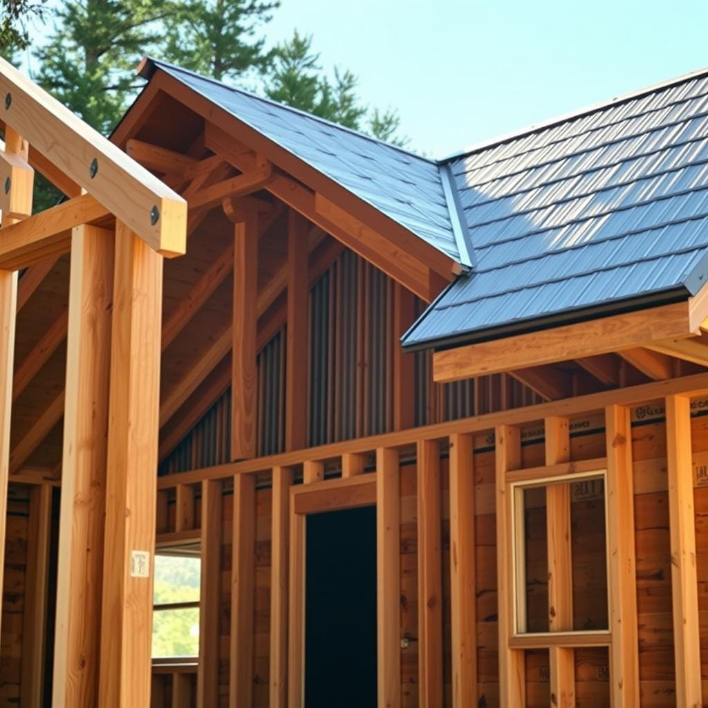 A detailed, well-lit scene of a wooden cabin under construction, featuring the installation of the roof and exterior walls. The foreground showcases the frame structure with carefully fitted boards and beams, while the middle ground displays the vertical wall panels being carefully attached. In the background, the partially completed roof with its overlapping shingles or metal sheets takes shape, casting warm, natural lighting across the scene. The overall mood conveys a sense of skilled craftsmanship and the satisfying progress of a DIY cabin-building project.