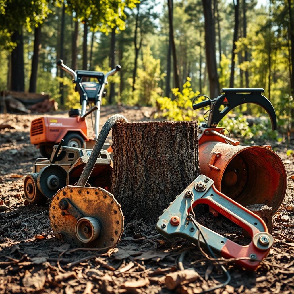A detailed wide-angle shot of various land clearing attachments and accessories, including a heavy-duty brush cutter, a stump grinder, and a tree shear, all arranged in a rugged outdoor setting with sun-dappled forest foliage in the background. The equipment is captured in a realistic, textured style with warm, natural lighting and a sense of durability and purpose, perfectly suited for the task of clearing land for a rustic cabin project.