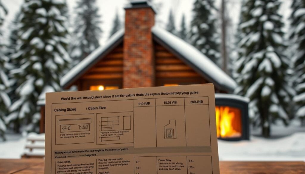 A detailed wood stove sizing guide against a cozy cabin backdrop. The guide prominently displayed in the foreground, featuring technical diagrams and measurements for different cabin sizes. Middle ground shows a well-insulated cabin with a brick chimney, surrounded by snowy pine trees. Soft, warm lighting from the cabin windows illuminates the scene, creating a peaceful, winter atmosphere. The composition emphasizes the importance of selecting the right wood stove to efficiently heat a cabin, with the guide serving as the focal point. Realistic, detailed rendering with a slight vintage aesthetic to match the cabin setting.
