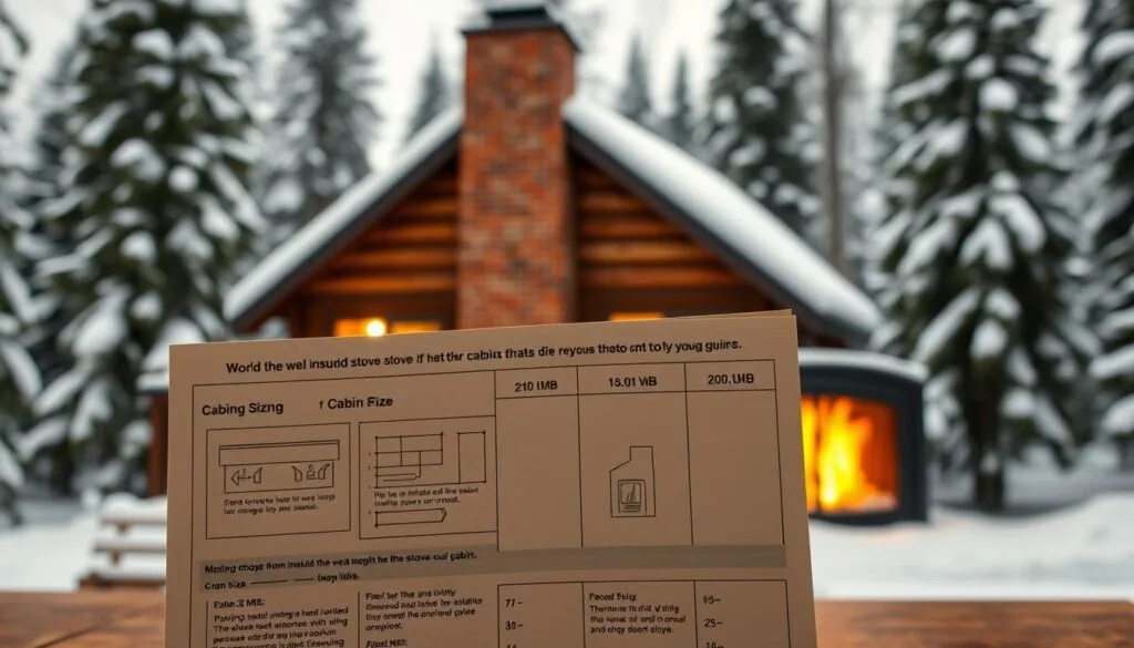 A detailed wood stove sizing guide against a cozy cabin backdrop. The guide prominently displayed in the foreground, featuring technical diagrams and measurements for different cabin sizes. Middle ground shows a well-insulated cabin with a brick chimney, surrounded by snowy pine trees. Soft, warm lighting from the cabin windows illuminates the scene, creating a peaceful, winter atmosphere. The composition emphasizes the importance of selecting the right wood stove to efficiently heat a cabin, with the guide serving as the focal point. Realistic, detailed rendering with a slight vintage aesthetic to match the cabin setting.