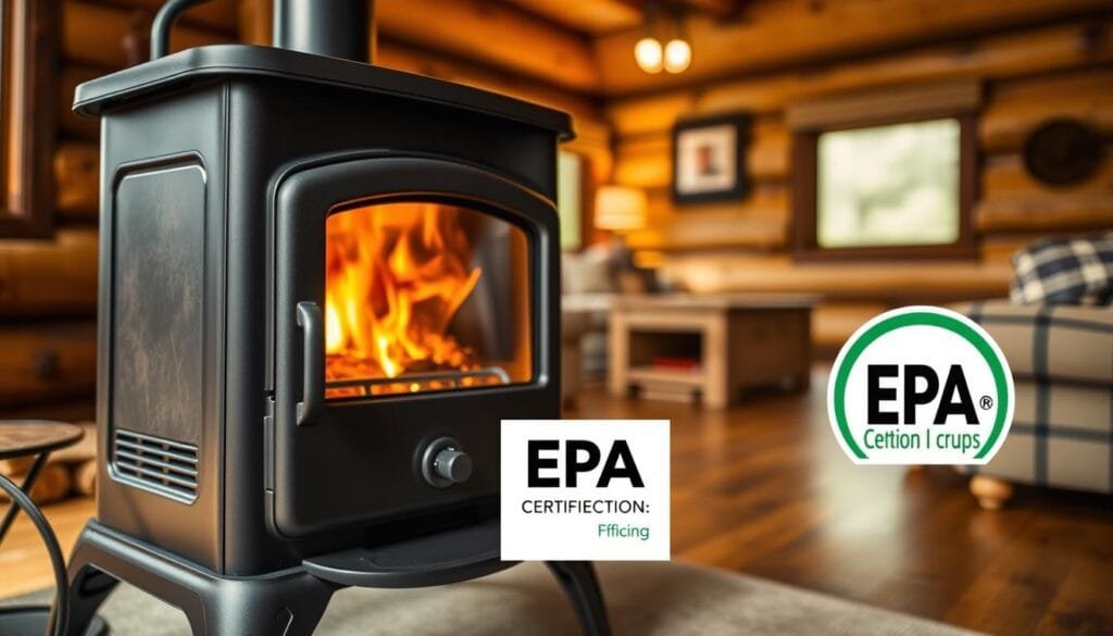 A detailed wood stove with its efficiency features and EPA certification label prominently displayed. The stove is shown in a realistic, well-lit setting, with a warm, inviting atmosphere. The foreground focuses on the stove's sleek design, sturdy construction, and the certification label that demonstrates its environmental compliance. The middle ground showcases the stove's controls and air intake mechanisms, highlighting its user-friendly operation. The background depicts a cozy, rustic cabin interior, creating a harmonious scene that emphasizes the stove's role in providing efficient, eco-friendly heating. The overall composition conveys the stove's quality, functionality, and suitability for a cabin setting.