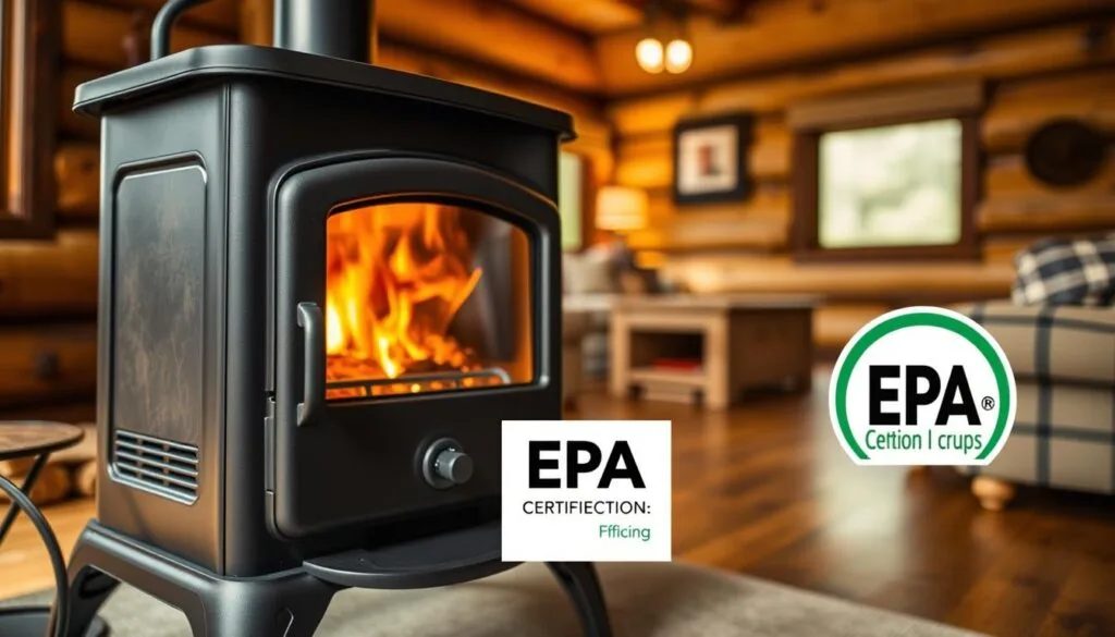A detailed wood stove with its efficiency features and EPA certification label prominently displayed. The stove is shown in a realistic, well-lit setting, with a warm, inviting atmosphere. The foreground focuses on the stove's sleek design, sturdy construction, and the certification label that demonstrates its environmental compliance. The middle ground showcases the stove's controls and air intake mechanisms, highlighting its user-friendly operation. The background depicts a cozy, rustic cabin interior, creating a harmonious scene that emphasizes the stove's role in providing efficient, eco-friendly heating. The overall composition conveys the stove's quality, functionality, and suitability for a cabin setting.
