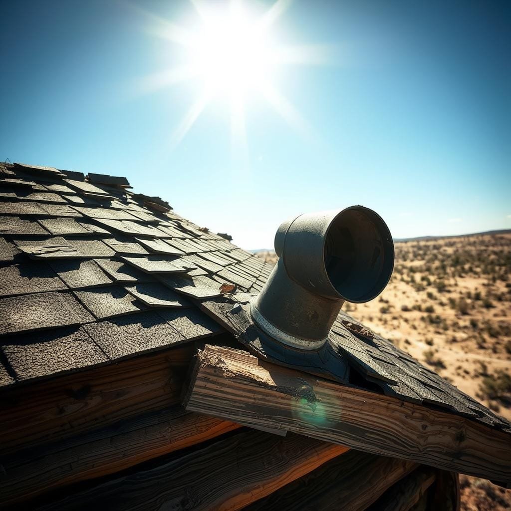 A dilapidated cabin roof lies in disarray, poorly ventilated and riddled with installation errors. The sun casts a harsh light upon the scene, highlighting the shoddy workmanship and neglect. Warped and cracked shingles jut out haphazardly, while a makeshift vent pipe protrudes at an unnatural angle, its sealant crumbling. The background is a bleak, barren landscape, emphasizing the isolation and lack of maintenance. This image conveys the unfortunate consequences of cutting corners and ignoring proper roofing techniques, a cautionary tale for any cabin owner seeking an affordable yet durable roofing solution.