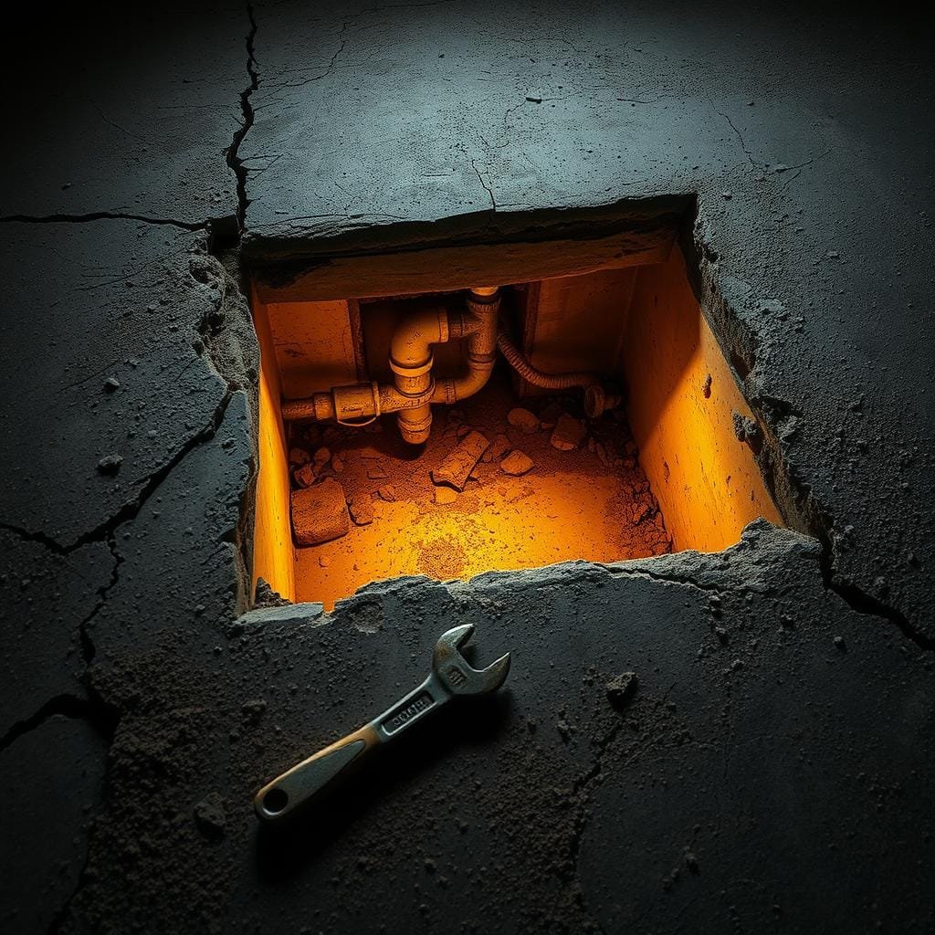 A dilapidated concrete slab foundation, cracked and crumbling, reveals a small access panel leading to the hidden plumbing infrastructure below. Dim, warm lighting casts deep shadows, highlighting the complexity and limited accessibility of the slab's internal systems. Weathered tools and a wrench lie nearby, suggesting the challenges of performing maintenance or repairs in this confined, difficult-to-reach space. The overall atmosphere conveys the frustration and constraints of working with a slab foundation's limited access to critical utilities.