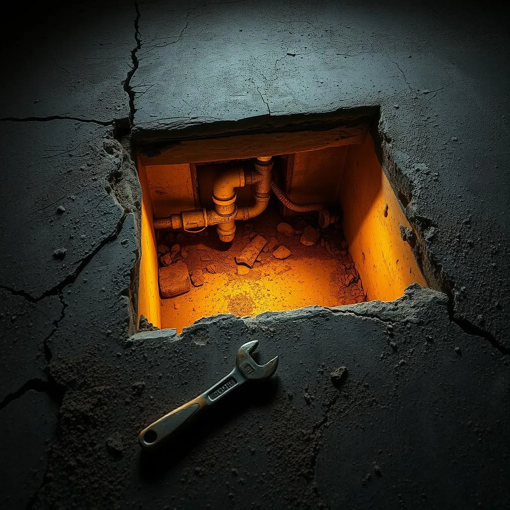 A dilapidated concrete slab foundation, cracked and crumbling, reveals a small access panel leading to the hidden plumbing infrastructure below. Dim, warm lighting casts deep shadows, highlighting the complexity and limited accessibility of the slab's internal systems. Weathered tools and a wrench lie nearby, suggesting the challenges of performing maintenance or repairs in this confined, difficult-to-reach space. The overall atmosphere conveys the frustration and constraints of working with a slab foundation's limited access to critical utilities. A dilapidated concrete slab foundation, cracked and crumbling, reveals a small access panel leading to the hidden plumbing infrastructure below. Dim, warm lighting casts deep shadows, highlighting the complexity and limited accessibility of the slab's internal systems. Weathered tools and a wrench lie nearby, suggesting the challenges of performing maintenance or repairs in this confined, difficult-to-reach space. The overall atmosphere conveys the frustration and constraints of working with a slab foundation's limited access to critical utilities.