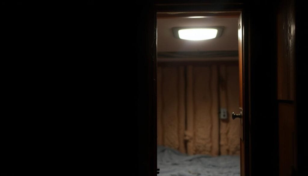 A dimly lit cabin door with visible air leaks around the frame, highlighting areas of thermal transfer. The door's weatherstripping is worn, allowing cool drafts to seep in. The background shows the interior wall, with hints of insulation peeking through. The scene is illuminated by a single light source, casting dramatic shadows and emphasizing the uneven temperature distribution. The overall mood is one of inefficiency and the need for improved insulation to maintain a comfortable indoor climate.