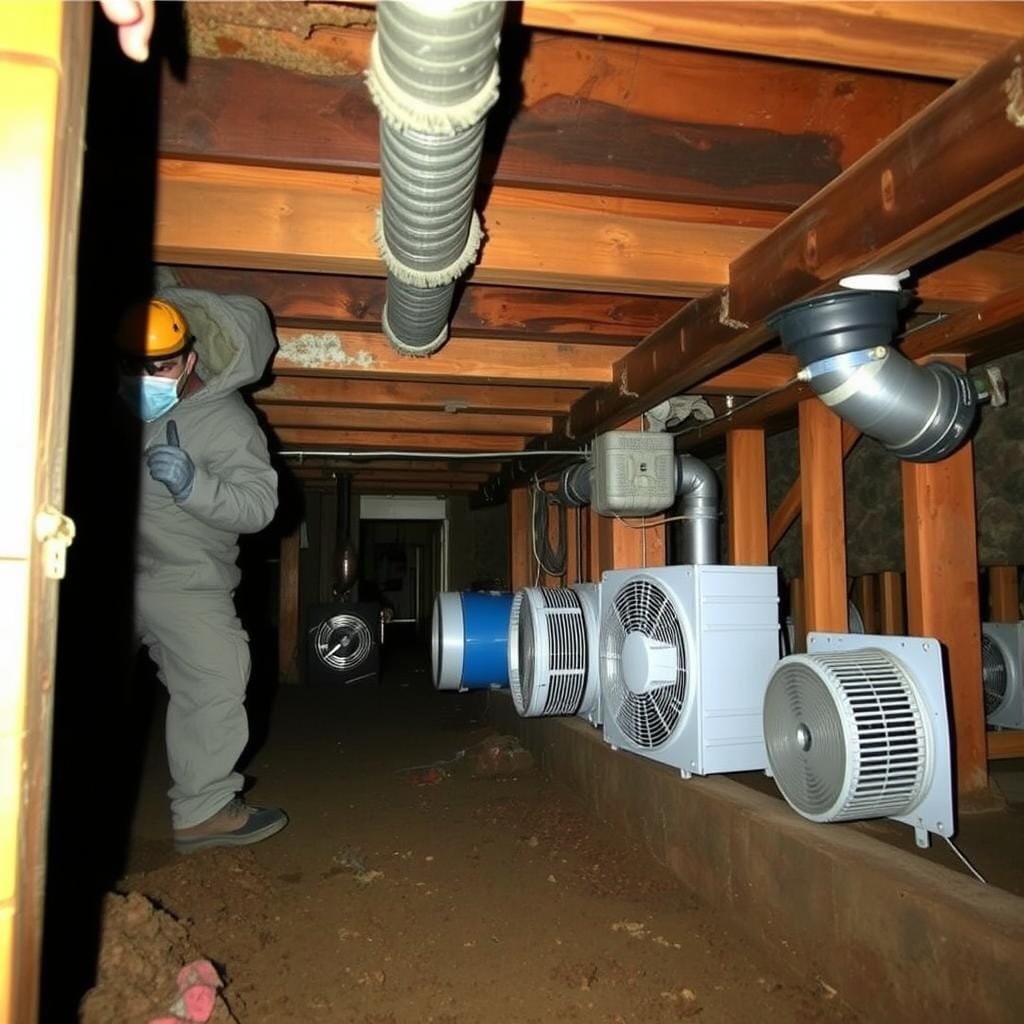 A dimly lit crawl space interior, with a focus on mold prevention techniques. In the foreground, a worker wearing a protective suit and mask is inspecting the exposed wooden beams and foundation, closely examining for signs of mold and moisture. The middle ground showcases various dehumidification and ventilation equipment, such as fans and vents, strategically placed to maintain a dry, well-circulated environment. The background fades into the shadowy recesses of the crawl space, hinting at the challenges of this often overlooked but critical area of a cabin's foundation. The scene conveys a sense of diligence and care required to mitigate the risks of mold, mildew, and wood rot in this hidden but essential part of the structure.