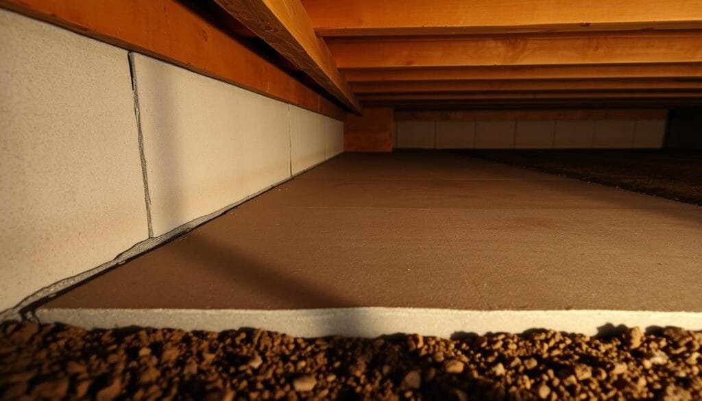 A dimly lit crawl space with a reinforced concrete strip foundation, its smooth gray surface running along the ground. Subtle shadows cast by the overhead beams create a sense of depth and texture. The exposed soil and gravel beneath create a natural, earthy contrast. The scene is bathed in a warm, amber-toned lighting that casts a cozy, inviting atmosphere. The camera angle is low, capturing the foundation from an up-close, almost eye-level perspective, emphasizing its solidity and stability. This practical, functional foundation lays the groundwork for a sturdy and reliable cabin.