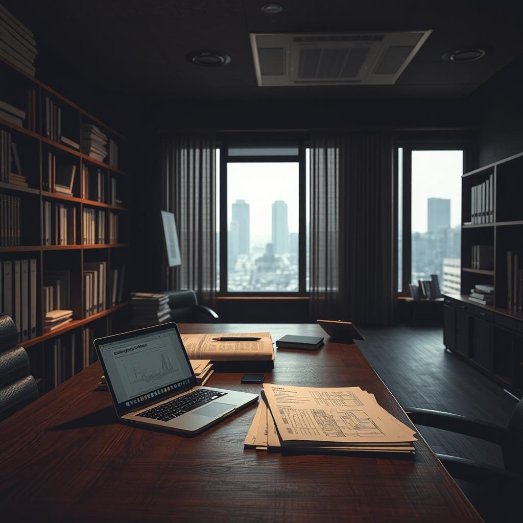 A dimly lit office interior with a large wooden desk and shelves filled with binders and technical documents. On the desk, a stack of architectural plans and a laptop displaying building codes regulations. Indirect lighting casts warm shadows, creating a contemplative atmosphere. In the background, a window overlooking a cityscape, suggesting the practical application of these compliance guidelines. Realistic textures, muted colors, and a focus on the essential details to convey the serious, technical nature of the subject matter.