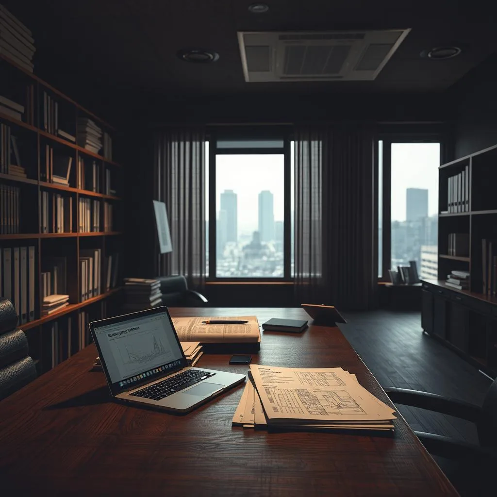 A dimly lit office interior with a large wooden desk and shelves filled with binders and technical documents. On the desk, a stack of architectural plans and a laptop displaying building codes regulations. Indirect lighting casts warm shadows, creating a contemplative atmosphere. In the background, a window overlooking a cityscape, suggesting the practical application of these compliance guidelines. Realistic textures, muted colors, and a focus on the essential details to convey the serious, technical nature of the subject matter.