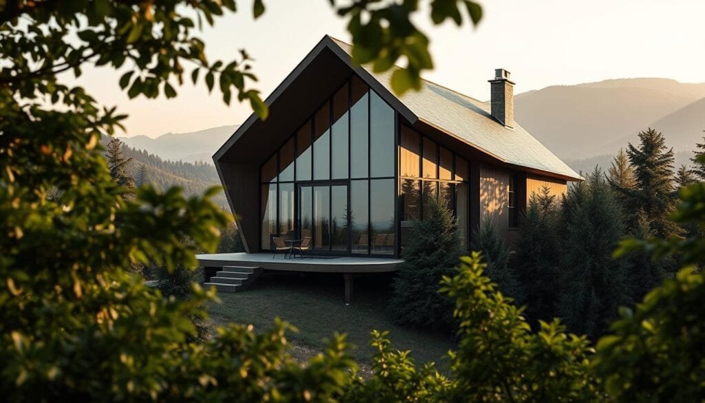 A dramatic and innovative architectural design for a sloped site, showcasing a striking modern cabin nestled among the rolling hills. The cabin's angular roofline and glass walls seamlessly blend with the natural terrain, maximizing the breathtaking views. Lush, verdant foliage frames the scene, creating a harmonious integration between the built and natural environments. Soft, diffused lighting illuminates the exterior, casting dramatic shadows and highlighting the textures of the materials. The composition emphasizes the ingenious use of the site's topography, with the cabin strategically positioned to take full advantage of the slope. An inspiring example of how thoughtful design can transform challenging terrain into a captivating and functional living space.