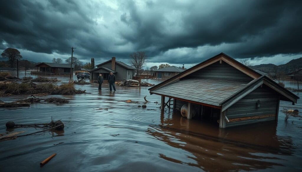 A dramatic scene of real-world property flood case studies, captured in a realistic, documentary-style aesthetic. In the foreground, a partially submerged house, water lapping at its foundations, surrounded by debris and flooded landscapes. The middle ground depicts residents surveying the damage, expressions of concern and worry etched on their faces. In the background, a darkened sky, heavy with ominous storm clouds, casts an ominous, moody atmosphere over the entire scene. The lighting is naturalistic, with soft shadows and highlights emphasizing the gritty, weathered textures of the environment. The camera angle is low, putting the viewer at eye level with the subject, creating a sense of immersion and empathy.