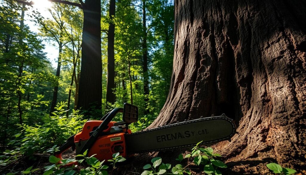 A forestry worker expertly wielding a chainsaw, demonstrating the backcut technique for safe tree felling. The scene is set in a lush, verdant forest, with sunlight filtering through the dense foliage. The worker's stance is confident and precise, their movements graceful and controlled as they make the crucial final cut. The bark of the tree is weathered and textured, and the wood grain is visible, hinting at the tree's history. The image captures the delicate balance of power and precision required for this skilled task, highlighting the importance of proper technique for the safety of the worker and the preservation of the surrounding environment.