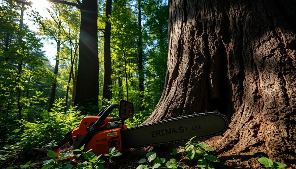 A forestry worker expertly wielding a chainsaw, demonstrating the backcut technique for safe tree felling. The scene is set in a lush, verdant forest, with sunlight filtering through the dense foliage. The worker's stance is confident and precise, their movements graceful and controlled as they make the crucial final cut. The bark of the tree is weathered and textured, and the wood grain is visible, hinting at the tree's history. The image captures the delicate balance of power and precision required for this skilled task, highlighting the importance of proper technique for the safety of the worker and the preservation of the surrounding environment.