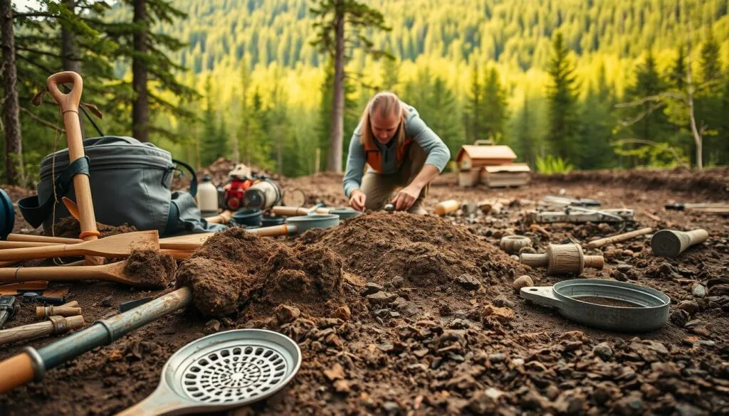 A geologist carefully evaluating soil samples collected from a prospective cabin site. The foreground features an array of soil-testing equipment, including shovels, sieves, and laboratory instruments. In the middle ground, the geologist crouches, meticulously examining the soil's texture, color, and composition. The background depicts a lush, forested landscape, hinting at the natural setting where the cabin will be built. The scene is illuminated by warm, natural lighting, conveying a sense of diligence and attention to detail in the process of assessing the optimal soil conditions for a sturdy cabin foundation. A geologist carefully evaluating soil samples collected from a prospective cabin site. The foreground features an array of soil-testing equipment, including shovels, sieves, and laboratory instruments. In the middle ground, the geologist crouches, meticulously examining the soil's texture, color, and composition. The background depicts a lush, forested landscape, hinting at the natural setting where the cabin will be built. The scene is illuminated by warm, natural lighting, conveying a sense of diligence and attention to detail in the process of assessing the optimal soil conditions for a sturdy cabin foundation.