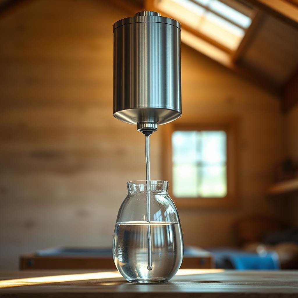 A gravity water filter, standing prominently in a well-lit, minimalist off-grid cabin. The filter's sleek, cylindrical design is rendered in brushed metal, with a transparent glass carafe below capturing the purified water. Soft, diffuse lighting from nearby windows casts a natural glow, highlighting the filter's functional elegance. The background features rough-hewn wooden walls and a simple, uncluttered interior, emphasizing the filter's role as a practical yet aesthetically-pleasing solution for clean water in an off-the-grid setting. The overall composition conveys a sense of simplicity, efficiency, and self-reliance. A gravity water filter, standing prominently in a well-lit, minimalist off-grid cabin. The filter's sleek, cylindrical design is rendered in brushed metal, with a transparent glass carafe below capturing the purified water. Soft, diffuse lighting from nearby windows casts a natural glow, highlighting the filter's functional elegance. The background features rough-hewn wooden walls and a simple, uncluttered interior, emphasizing the filter's role as a practical yet aesthetically-pleasing solution for clean water in an off-the-grid setting. The overall composition conveys a sense of simplicity, efficiency, and self-reliance.