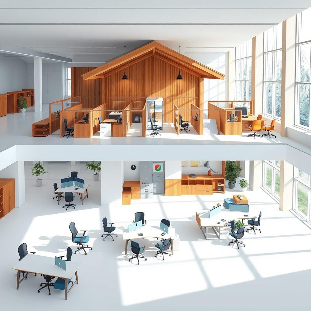A high-quality architectural illustration depicting the key layout differences between an open concept office and a traditional cabin-style office. In the foreground, an open concept layout with a spacious, airy feel showcases a collaborative work area with desks and chairs arranged in a fluid, organic manner. In the middle ground, a traditional cabin-style layout features a series of enclosed private offices with distinct boundaries, classic wood paneling, and a more formal, compartmentalized atmosphere. The background highlights the contrasting architectural elements, with the open concept featuring large windows and an abundance of natural light, while the cabin layout has a more subdued, cozy ambiance with smaller windows. The scene is rendered with a crisp, photorealistic style, and the lighting captures the distinct moods of the two different office layouts.