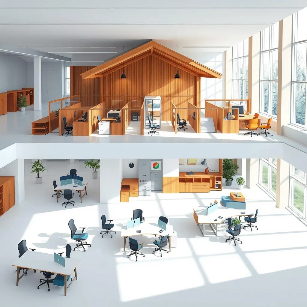 A high-quality architectural illustration depicting the key layout differences between an open concept office and a traditional cabin-style office. In the foreground, an open concept layout with a spacious, airy feel showcases a collaborative work area with desks and chairs arranged in a fluid, organic manner. In the middle ground, a traditional cabin-style layout features a series of enclosed private offices with distinct boundaries, classic wood paneling, and a more formal, compartmentalized atmosphere. The background highlights the contrasting architectural elements, with the open concept featuring large windows and an abundance of natural light, while the cabin layout has a more subdued, cozy ambiance with smaller windows. The scene is rendered with a crisp, photorealistic style, and the lighting captures the distinct moods of the two different office layouts. A high-quality architectural illustration depicting the key layout differences between an open concept office and a traditional cabin-style office. In the foreground, an open concept layout with a spacious, airy feel showcases a collaborative work area with desks and chairs arranged in a fluid, organic manner. In the middle ground, a traditional cabin-style layout features a series of enclosed private offices with distinct boundaries, classic wood paneling, and a more formal, compartmentalized atmosphere. The background highlights the contrasting architectural elements, with the open concept featuring large windows and an abundance of natural light, while the cabin layout has a more subdued, cozy ambiance with smaller windows. The scene is rendered with a crisp, photorealistic style, and the lighting captures the distinct moods of the two different office layouts.