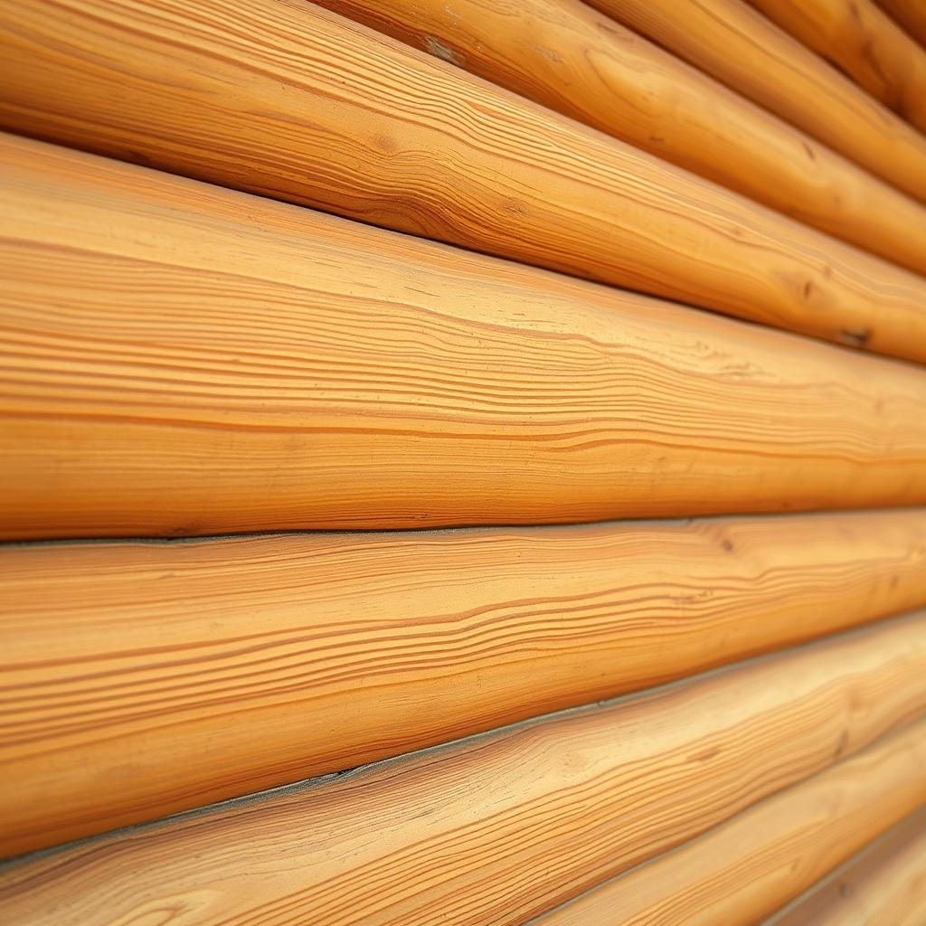 A high-quality, close-up photograph of tongue-and-groove wood siding made from natural logs. The siding is crafted from sturdy, weathered pine logs with a warm, golden hue. The grooves and ridges create an intricate, textured pattern that interplays with the play of light and shadow across the surface. The image is captured in soft, even lighting that accentuates the tactile, rustic quality of the wood. The depth of field is shallow, keeping the siding in sharp focus while the background is gently blurred. The overall mood is one of craftsmanship, durability, and the natural beauty of wood construction.