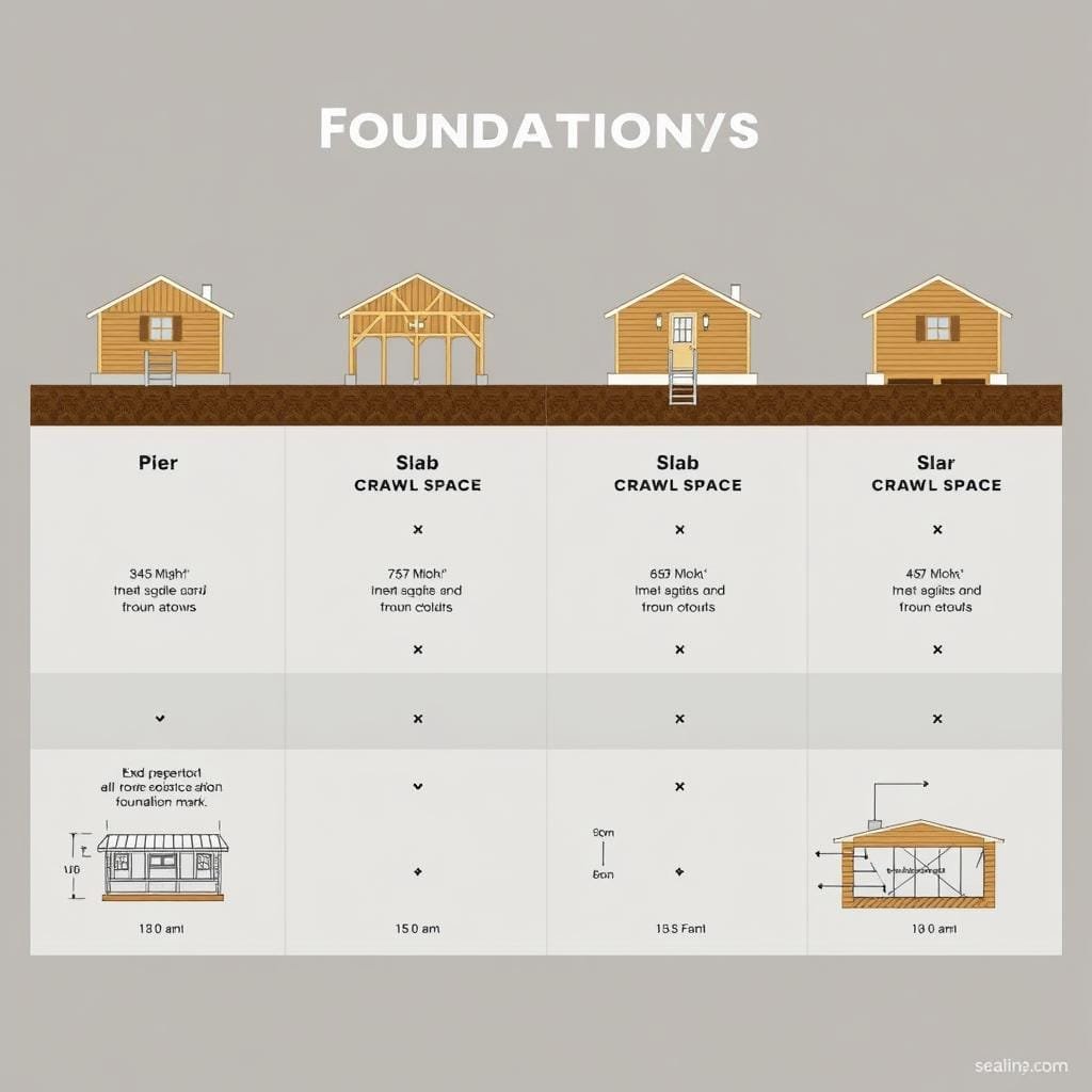 A high-quality, detailed comparison chart showcasing different foundation types for a cabin, including pier, slab, crawl space, and basement foundations. The chart is presented in a clean, organized layout with clear visual delineation between the foundation options. Each foundation type is illustrated with a realistic, technical diagram or cross-section, highlighting key structural elements and dimensions. The chart is rendered in a neutral color palette with muted tones, creating a professional, informative aesthetic suitable for an article on cabin construction. Soft, even lighting illuminates the chart, allowing the technical details to be clearly visible. The overall composition conveys a sense of authority and expertise on the subject matter.