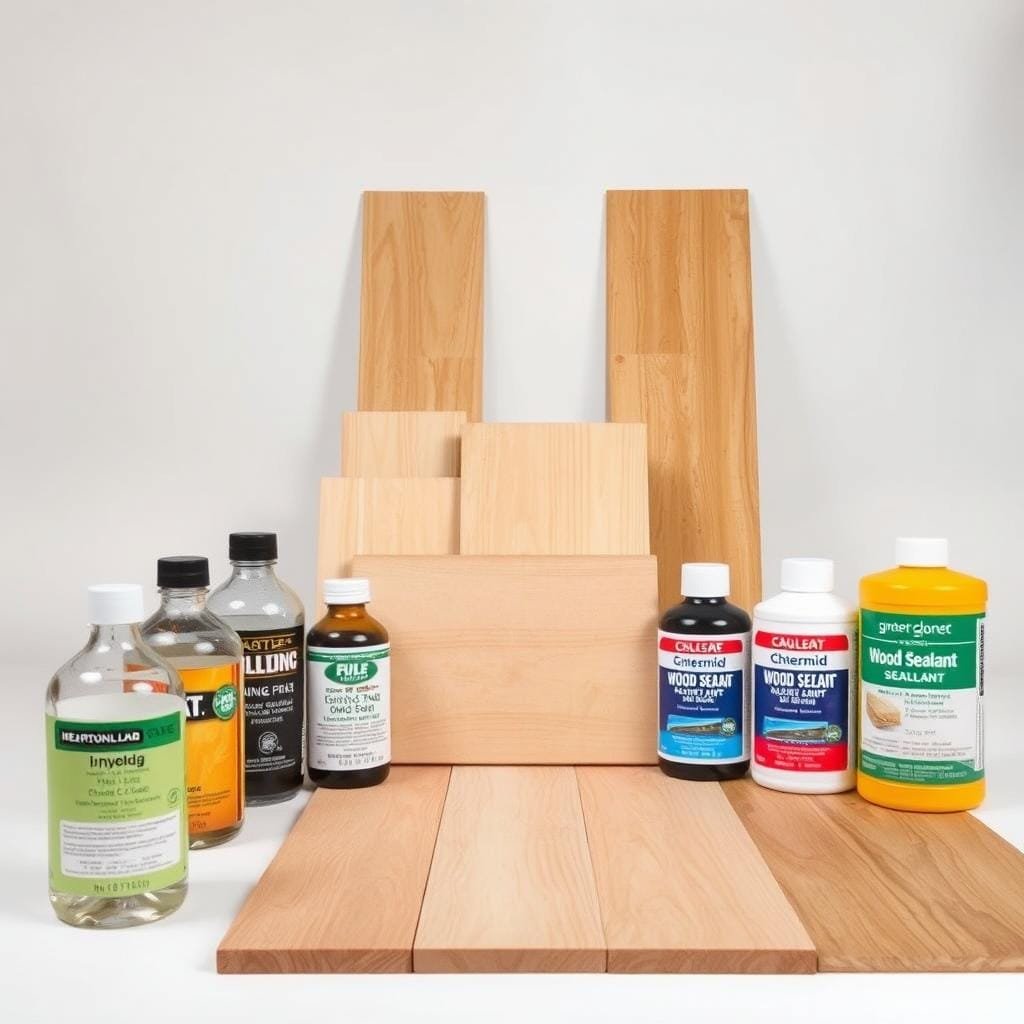 A high-quality, detailed comparison of different types of wood sealants, showcased in a well-lit, studio-style setting. In the foreground, several glass bottles or jars containing various wood sealant products, each with clear labels. In the middle ground, a selection of expertly-finished wooden panels or boards, demonstrating the effects of the sealants. The background is a clean, neutral-toned studio backdrop, creating a professional, informative atmosphere. The lighting is soft and diffused, highlighting the textures and colors of the wood and sealants. The overall composition is balanced, visually appealing, and conveys a sense of expertise and authority on the subject of wood sealants.