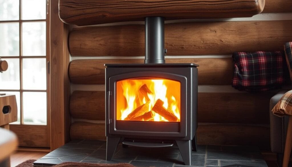 A high-quality, detailed photograph of the Blaze King Ashford 30.2 wood stove, positioned in a cozy, rustic cabin interior. The stove is the central focus, showcasing its sleek, charcoal-colored metal body and large viewing window that reveals a crackling fire. Warm, inviting lighting from the fire casts a soft, golden glow throughout the scene. The stove is placed on a stone or brick hearth, with a sturdy wooden mantel above. Surrounding the stove are natural elements like exposed wood beams, plaid textiles, and a bear skin rug, creating a welcoming, cabin-like atmosphere. The image conveys the stove's impressive long-burning capabilities and its suitability for heating a cozy, remote cabin.