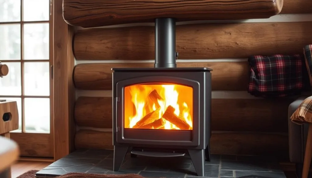 A high-quality, detailed photograph of the Blaze King Ashford 30.2 wood stove, positioned in a cozy, rustic cabin interior. The stove is the central focus, showcasing its sleek, charcoal-colored metal body and large viewing window that reveals a crackling fire. Warm, inviting lighting from the fire casts a soft, golden glow throughout the scene. The stove is placed on a stone or brick hearth, with a sturdy wooden mantel above. Surrounding the stove are natural elements like exposed wood beams, plaid textiles, and a bear skin rug, creating a welcoming, cabin-like atmosphere. The image conveys the stove's impressive long-burning capabilities and its suitability for heating a cozy, remote cabin.