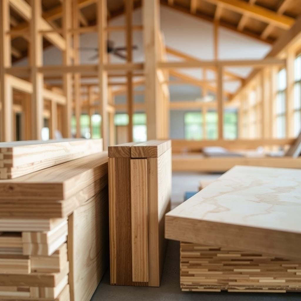 A high-quality, well-lit photograph of engineered wood products for structural stability, including laminated veneer lumber (LVL), glued-laminated timber (glulam), and oriented strand board (OSB). The foreground features a selection of these engineered wood components, showcasing their distinctive layered and composite structures. The middle ground highlights the versatility of these materials, with examples of their use in framing, flooring, and roofing applications. The background depicts a modern construction site, with the engineered wood products seamlessly integrated into the overall architectural design. The lighting is natural and diffused, creating a warm, inviting atmosphere that emphasizes the structural integrity and aesthetic appeal of these engineered wood solutions.