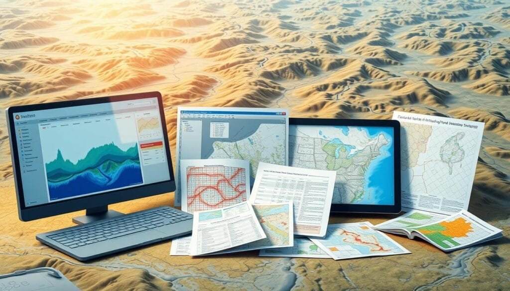 A high-resolution, detailed illustration of various flood mapping tools and resources against a backdrop of a topographic map. In the foreground, prominently displayed are a digital flood risk assessment dashboard, a hydrological model, and a geographic information system (GIS) software interface. In the middle ground, a collection of printed flood hazard maps, elevation data, and rainfall records. In the background, a subtly rendered landscape with contour lines, river networks, and shaded terrain. Warm lighting from the left casts a natural glow, creating depth and emphasizing the analytical nature of the tools. The overall composition conveys the comprehensive nature of flood mapping and the diverse data sources required for effective flood risk analysis.