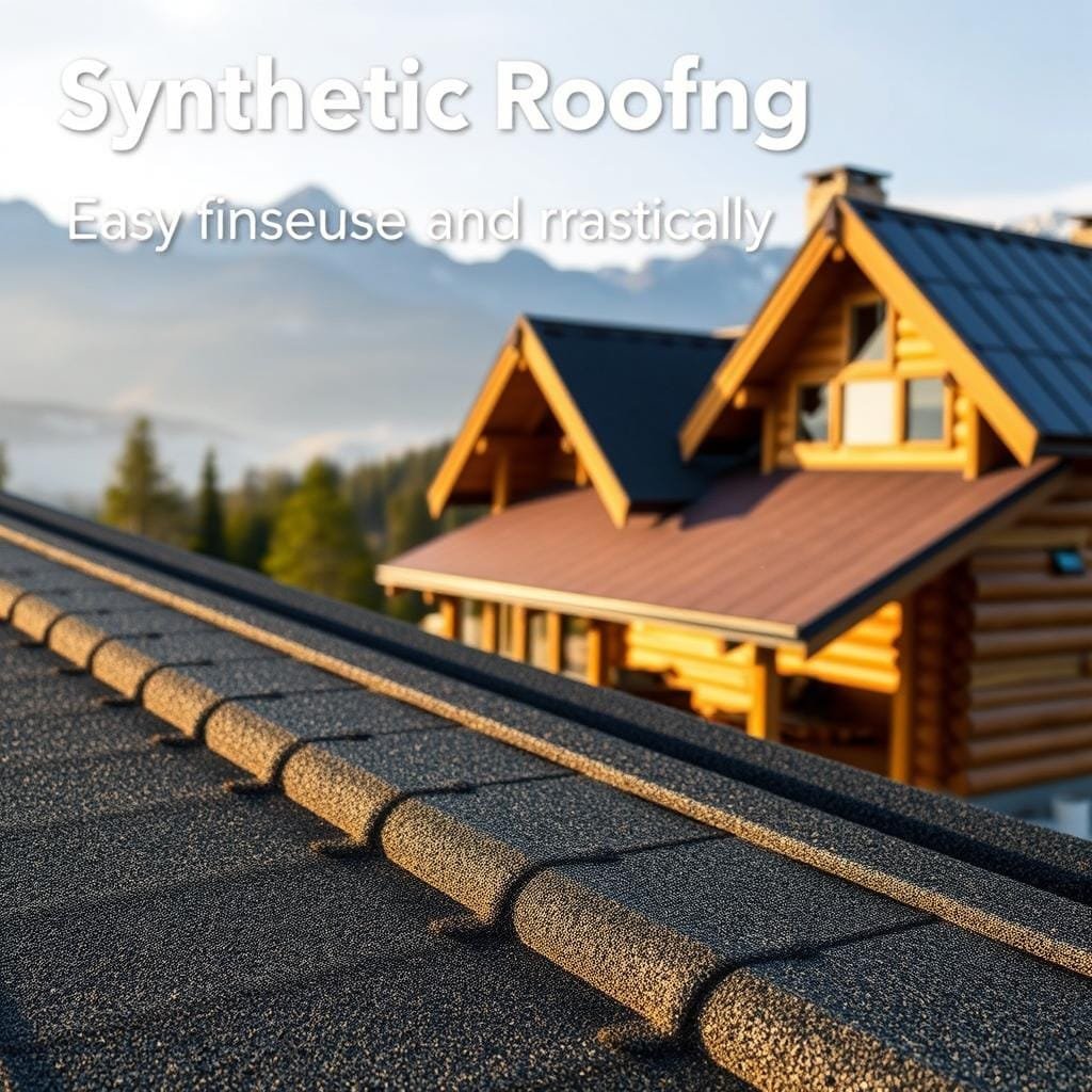 A high-resolution image of synthetic roofing material, showcasing its innovative and practical features. Foreground depicts a close-up view of the textured, durable surface, with intricate patterns and a sleek, modern appearance. Middle ground reveals the versatile installation, highlighting the easy-to-use panels and their seamless integration onto a cabin roof. Background sets the scene with a picturesque mountain landscape, emphasizing the material's ability to withstand harsh outdoor conditions. Soft, warm lighting casts a natural glow, accentuating the material's aesthetic qualities. Crisp, detailed photography from a slightly elevated angle captures the essence of "Synthetic Roofing: Combining Innovation and Practicality".