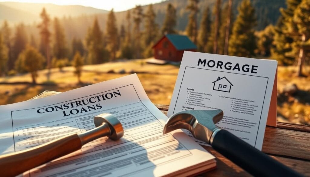 A high-resolution image showcasing the contrast between a construction loan and a mortgage for financing a cabin build. In the foreground, a construction loan document with blueprints and a hammer, symbolizing the active construction process. In the middle ground, a mortgage document with a house icon, representing the traditional home loan. The background features a scenic landscape with a cabin nestled in the woods, hinting at the final project. The lighting is warm and natural, casting a golden glow over the scene. The perspective is slightly angled, creating depth and emphasizing the juxtaposition of the financing options. The overall mood is one of careful consideration and planning for the cabin build.