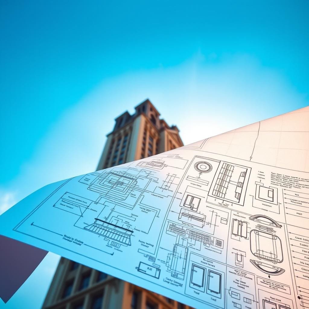 A high-rise building, its facade adorned with intricate architectural details, stands tall against a backdrop of a clear blue sky. In the foreground, a blueprint unfurls, revealing intricate schematics and technical specifications outlining the building's structural integrity and compliance with safety standards. Lighting casts a warm, authoritative glow, highlighting the meticulous planning and rigorous oversight that went into the structure's design and construction. The scene conveys a sense of reliability, durability, and environmental resilience, reflecting the importance of building codes and safety standards in ensuring the longevity and safety of prefab cabins.