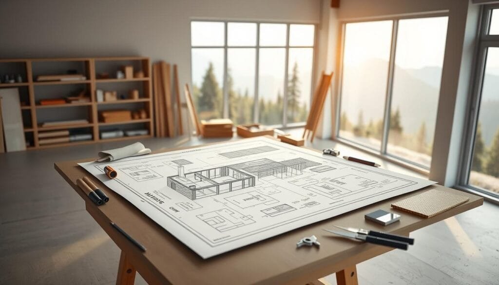 A highly detailed 3D blueprint diagram of a modern cabin design, showcasing its structural components and architectural features. The blueprint is displayed on a large, illuminated drafting table, with various construction materials and tools arranged neatly around it. The table is situated in a well-lit, minimalist design studio, with large windows offering natural lighting and a view of a picturesque forested landscape in the background. The overall atmosphere is one of precision, efficiency, and creative inspiration, reflecting the subject of optimizing the design process for DIY cabin construction.