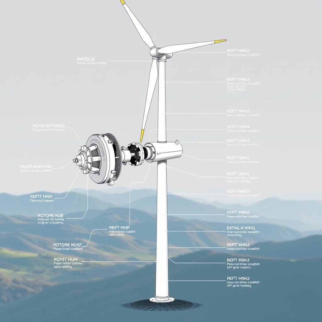 A highly detailed, labeled diagram of the key components of a wind turbine, rendered with technical precision and clarity. The foreground depicts the turbine's core assembly, including the nacelle, rotor, blades, and hub, all drawn with meticulous attention to engineering details. The middle ground showcases the tower structure, anchored firmly to the ground, while the background features a serene, natural landscape with rolling hills or a mountainous terrain to convey the off-grid, remote setting. The lighting is crisp and evenly distributed, enhancing the technical and functional aspects of the design. The overall atmosphere is one of informative clarity, suitable for illustrating the workings of a wind power system for an off-grid cabin. A highly detailed, labeled diagram of the key components of a wind turbine, rendered with technical precision and clarity. The foreground depicts the turbine's core assembly, including the nacelle, rotor, blades, and hub, all drawn with meticulous attention to engineering details. The middle ground showcases the tower structure, anchored firmly to the ground, while the background features a serene, natural landscape with rolling hills or a mountainous terrain to convey the off-grid, remote setting. The lighting is crisp and evenly distributed, enhancing the technical and functional aspects of the design. The overall atmosphere is one of informative clarity, suitable for illustrating the workings of a wind power system for an off-grid cabin.
