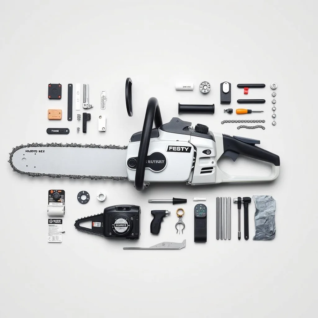 A highly detailed, technical illustration showcasing the key components of a chainsaw, including the motor, chain, bar, and other essential parts. The components are arranged in a clean, organized layout against a neutral background, allowing the viewer to clearly examine and understand their functions. Bright, even lighting highlights the intricate details and textures of the chainsaw parts. The image is shot from a slightly elevated angle, providing an optimal perspective for studying the various elements. The overall mood is one of precision, education, and a focus on the mechanical workings of the tool.
