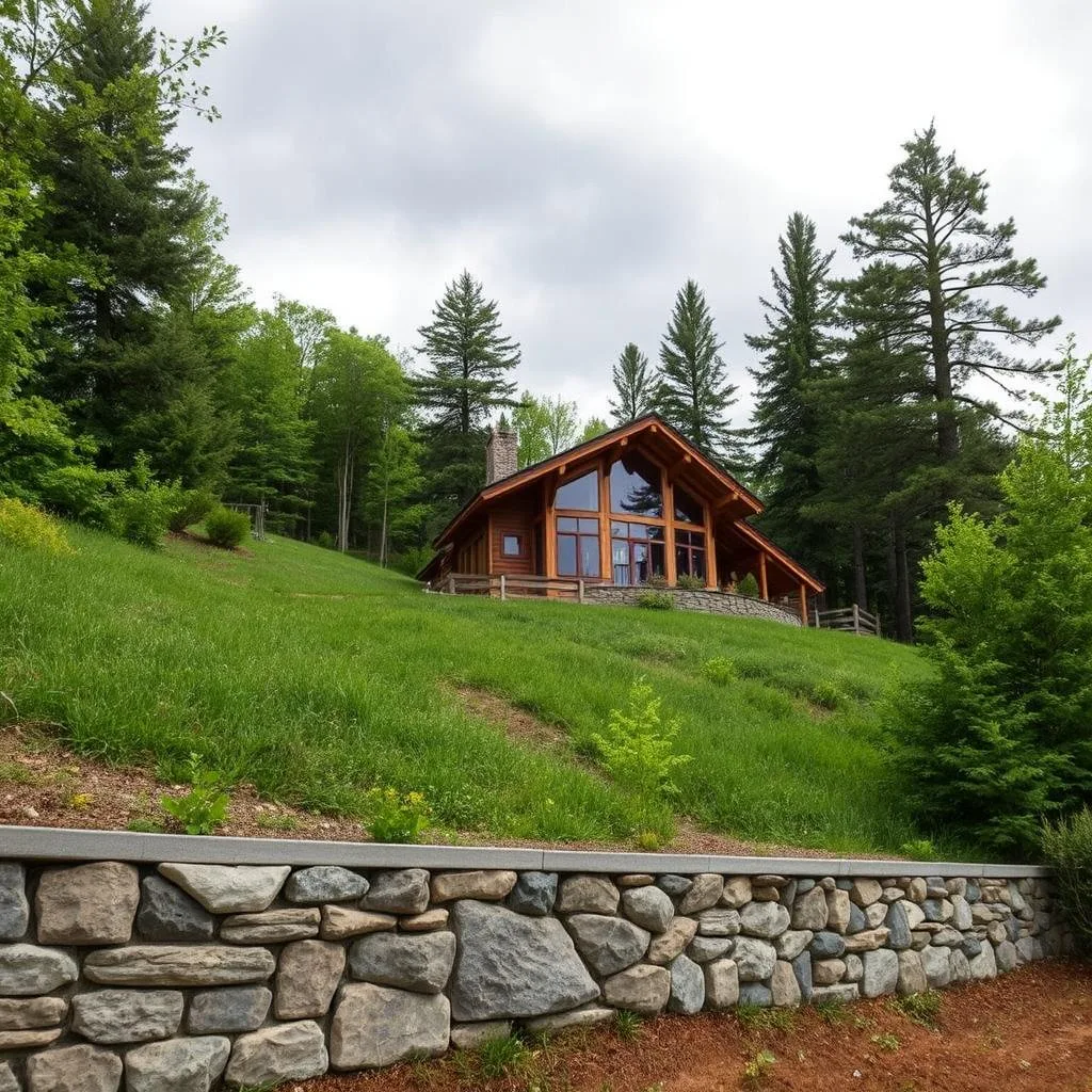 A hillside cabin nestled amidst lush greenery, with a well-engineered retaining wall solution to stabilize the slope. In the foreground, the retaining wall features a combination of natural stone and concrete, seamlessly blending with the surrounding terrain. The middle ground showcases the cabin's rustic charm, with exposed wooden beams and large windows that capture the scenic views. In the background, towering trees and a cloudy sky create a serene, peaceful atmosphere. The lighting is soft and diffused, casting gentle shadows that accentuate the textures and details of the retaining wall and the cabin's exterior. The overall scene conveys a sense of harmony between the built environment and the natural landscape, showcasing an effective solution for leveling a sloped site for cabin construction.